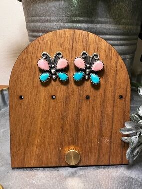 Sterling Queen Conch Kingman Turquoise Butterfly Stud Earrings Southwest